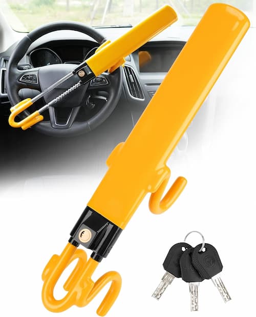 Tevlaphee steering wheel lock — yellow steel bar with keys